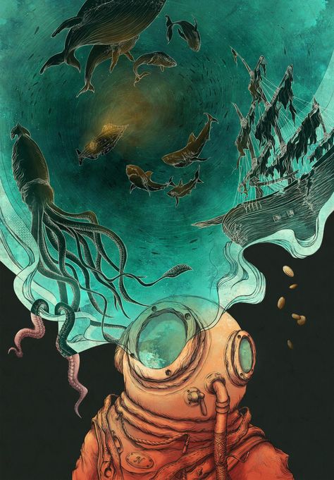 Cover illustration for the book 20,000 Leagues Under The Sea by writer Jules Verne. 20000 Leagues Under The Sea Illustration, 20000 Leagues Under The Sea Aesthetic, 20 000 Leagues Under The Sea, Jules Verne Aesthetic, Ocean Book Cover, 20000 Leagues Under The Sea, Underwater Room, Diver Art, Ocean Books