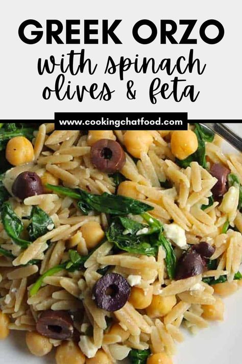 Orzo Mediterranean Salad Feta, Medditeranean Rice Recipe, Orzo Pasta Salad With Feta And Spinach, One Pan Orzo With Spinach And Feta, Orzo And Spinach Recipes, Spinach Orzo Recipes, Greek Orzo Recipes, Vegetarian Entrees Main Dishes, Canned Spinach Recipes