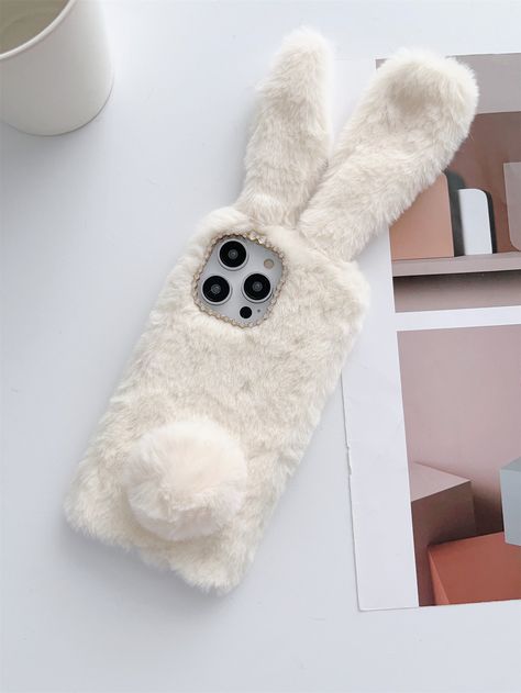 White  Collar  PE Cartoon Plush Phone Cases Embellished   Cell Phones & Accessories Bunny Phone Case, Fluffy Phone Cases, Rabbit Phone Case, Winter Rabbit, Bunny Mask, Cute Bunny Pictures, Rabbit Design, Animal Phone Cases, Fluffy Bunny