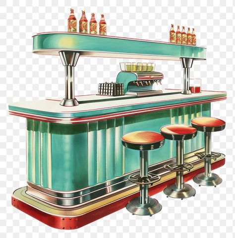 80s Diner Interior, Old School Bar, Retro Diner Wallpaper, Bar With Stools, 60s Diner Exterior, Diner Signs 50s, Diner Bar, Diner Aesthetic, 1950s Diner