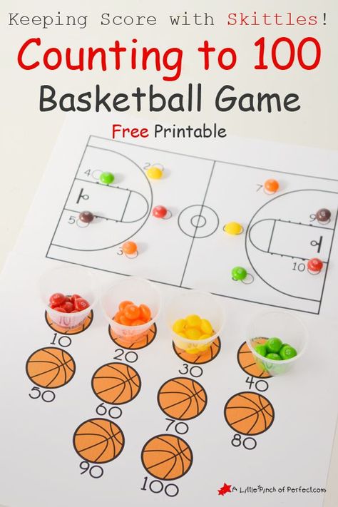 Counting to 100 Basketball Game Free Printable  Keeping Score with Skittles! Kindergarten Basketball, Basketball Score Sheet, Basketball Learning, Basketball Stem, Candy Skittles, Count To 100, Number Counting, Basketball Games For Kids, Math Night