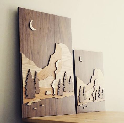 Arte Art Deco, Mountains And Trees, Laser Cut Wood Crafts, Wood Wall Art Diy, Laser Engraved Ideas, Laser Art, Small Wood Projects, Diy Crafts For Home Decor, Wooden Art