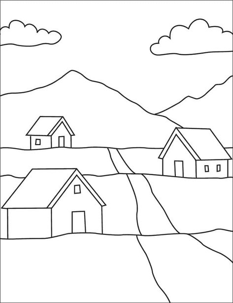 Easy How to Draw Scenery Tutorial and Scenery Coloring Page Drawings Landscaping Easy, Scenery Outline Drawing, Simple Landscapes To Draw, Landscape Outline Drawing, Simple Landscape Coloring Pages, Easy Village Drawing, Easy Drawings Landscape, Houses Drawing Easy, Landscape Drawings Easy For Kids