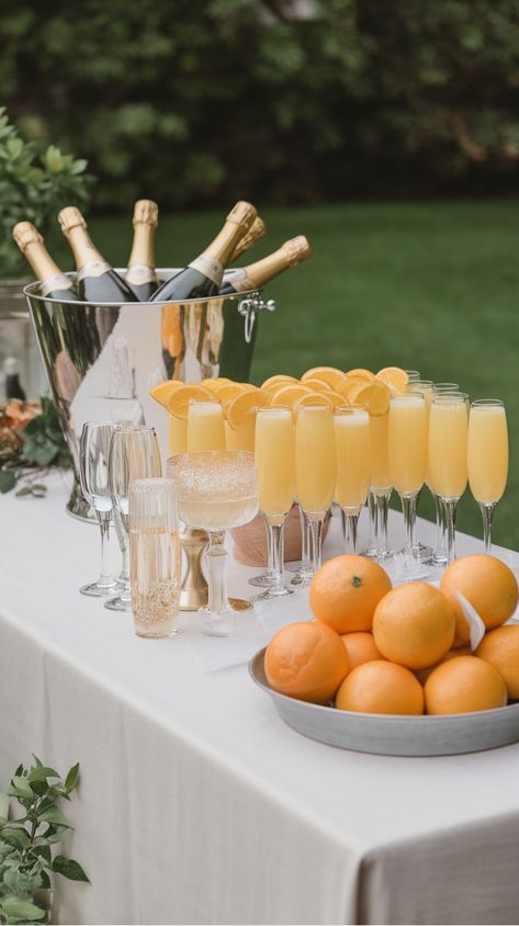 Champagne bottles in an ice bucket, several glasses of orange juice with orange slices, and a bowl of fresh oranges on a table outdoors. Mimosa And Coffee Bar, Bridal Breakfast Brunch, Mimosa Themed Party, Mimosa Bar Aesthetic, Bar For Party Set Up, Mommossas Bar, Bubbly Bar Bridal Shower Ideas, Bougie Brunch Ideas, Bridal Shower Bubbly Bar