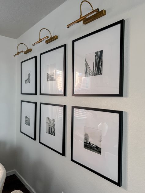 Wall Picture Collage Ideas Hallways, 16x16 Frame Gallery Wall, 20x20 Frame Gallery Wall, Bedroom Wedding Photo Display, Hallway Photo Wall, Photo Frames For Wall, Dartboard Light, Black And White Gallery Wall, White Gallery Wall