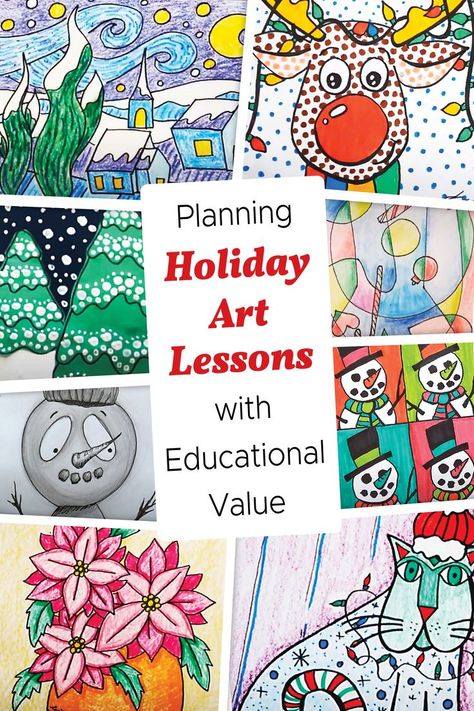 Holiday art lessons are always fun to plan. But I am also supposed to teach curriculum, standards, the elements and principles of design, and art history. It is possible to squeeze everything in and still keep the holiday spirit! Here is how I combined holiday festivity with educational value to create a collection of holiday art lesson plans. #holidayartlessons #holidayart // holiday art lessons // holiday art // holiday lessons Christmas Art Lessons Elementary, Elements And Principles Of Design, Holiday Art Projects, Winter Art Lesson, Elementary School Art, Art Education Lessons, Christmas Art Projects, Winter Art Projects, 4th Grade Art