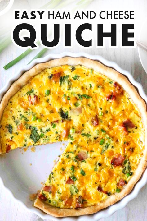 An easy quick recipe for ham and cheese quick that always yields a smooth and creamy filling, a tender, flaky crust, and tons of flavor! Salty bites of cubed ham, sliced green onions, Cheddar cheese, and an egg custard rests upon a perfectly baked, flaky pie crust! Serve this easy quiche for breakfast or at your next spring brunch! It also makes a wonderful Easter brunch menu item! Cubed Ham, Recipe For Ham, Cheese Quiche Recipe, Ham And Cheese Quiche, Easter Brunch Menu, Easy Quiche, Easy Ham, Cheese Quiche, Quiche Recipe