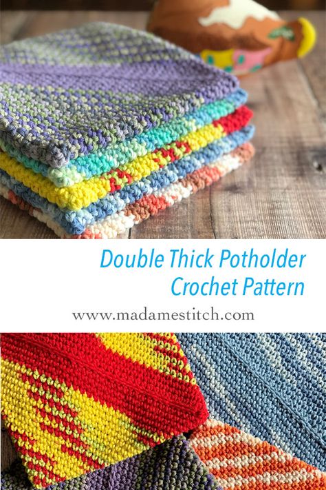 Double Thick Crochet Potholder, a timeless classic | MadameStitch Thick Crochet Potholder, Potholder Patterns Free, Potholder Crochet Pattern, Kitchen Potholders, Thick Crochet, Crochet Potholder, Slip Stitch Crochet, Crochet Feather, Crochet Potholder Patterns