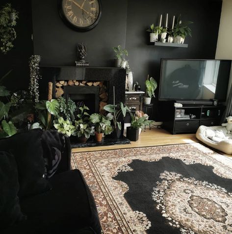 𝖍𝖔𝖑𝖑y on Instagram: “We FINALLY got a rug for the living room to cover the yellow laminate until we can replace it. To be honest, I love it so much I think I…” Gothic Living Room, Gothic Interior, Dark Living Rooms, Dark Home Decor, Goth Home, Goth Home Decor, Dark Home, Gothic Home Decor, Gothic House