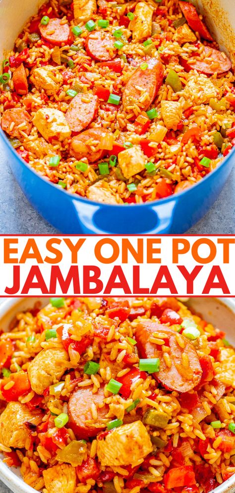 EASY Chicken and Sausage Jambalaya - Averie Cooks Jumbolia Recipes, One Pot Jambalaya Recipe, One Pot Jambalaya, Easy Jambalaya, Chicken Jambalaya, Jambalaya Recipe Easy, Chicken And Sausage Jambalaya, Sausage Jambalaya, Sausage Rice