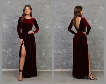 Maroon Winter Bridesmaid Dresses, Maroon Velvet Bridesmaid Dresses, Burgundy Dress Bridesmaid, Revenge Dresses, Dark Burgundy Dress, Velvet Burgundy Dress, Bridesmaid Dress Velvet, Open Back Long Sleeve Dress, Gothic Bridesmaids