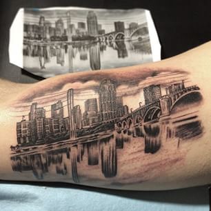 #Minneapolis #skyline #Tattoo #Minnesota #blackandwhite New York Theme Tattoo Sleeve, Skyline Tattoo Men, Minneapolis Skyline Tattoo, Skyline Tattoo Ideas, City Skyline Tattoo, Nyc Skyline Tattoo, Chicago Skyline Tattoo, Antonio Tattoo, Tricep Tattoo