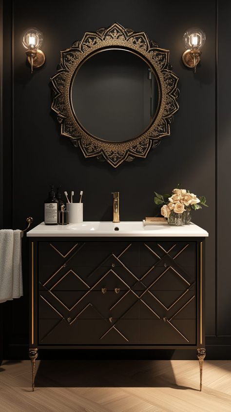 Art Deco bathroom with geometric black wallpaper, gold accents, and an ornate mirror, showcasing luxurious vintage design. Dramatic Powder Room Wallpaper, Luxury Powder Room Design Modern, Powder Room Wallpaper Elegant, Unique Powder Rooms, Powder Room Ideas Elegant Modern, Luxury Powder Room Design, Tiger Bathroom, Dramatic Powder Room, Bathroom Wallpaper Trends