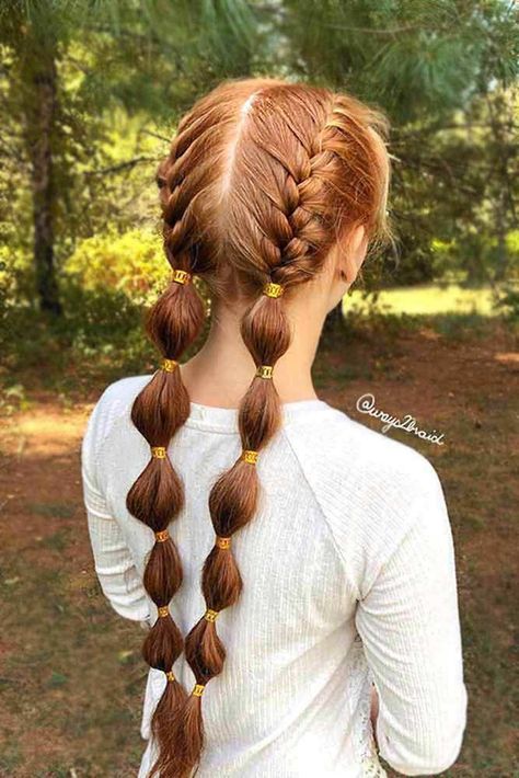 Bubble Braided Pigtails Red Hair. Ways To Wear Braided Pigtails That Don't Look Childish.  #lovehairstyles.com #bubblebraids #hairstyles #cutepigtails French Braid Pigtails, Recipes Tutorials, Tail Hairstyle, Bubble Braid, Hairstyles Pigtails, Fishtail Braid, Braided Ponytail Hairstyles, Pigtail Braids