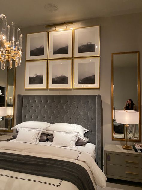 White Gold Bedroom, Grey Headboard Bedroom, Furniture Ideas Bedroom, Grey And Gold Bedroom, Black Gold Bedroom, Black And Grey Bedroom, Bedroom Tile, Tile Bedroom, Bedroom Furniture Ideas