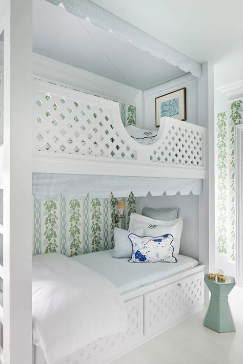 A New Tennessee Build Filled With Old Southern Charm Beach Bedrooms, Bunk Rooms, Dream Farm, Dream Beach Houses, Kid Rooms, Girls Rooms, Twin Beds, Trim Work, Bunk Room