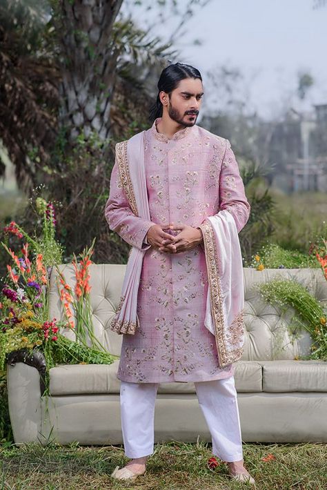 Jaal Embroidery, Sherwani For Groom, Lavender Fabric, Sherwani Groom, Sherwani For Men, Over It, Raw Silk, Lavender, Saree