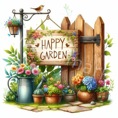 Landscape Clipart, Garden Watercolor, Summer Clipart, Personalized Greeting Cards, Bird Houses Painted, Make Your Own Card, Summer Landscape, Garden Pictures, Art Clipart