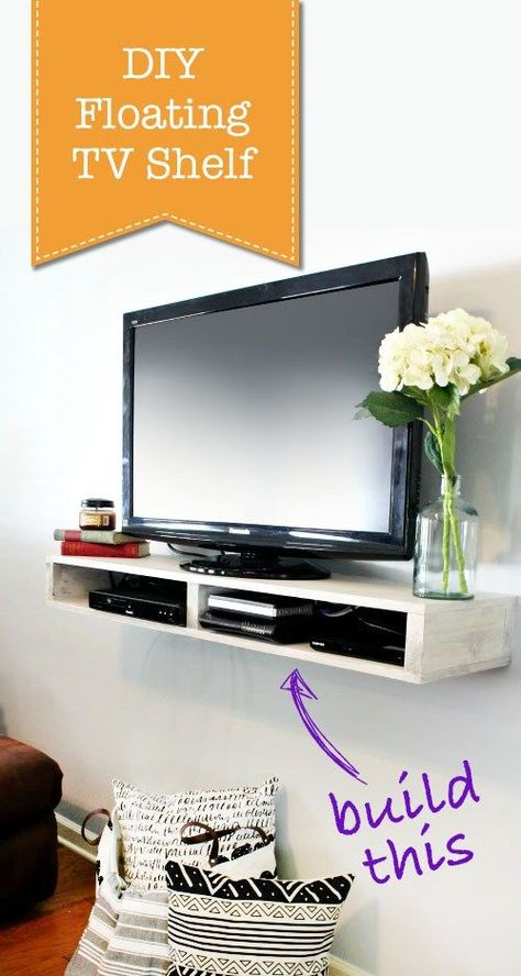 How to Build a Floating TV Shelf  #DIY #floatingshelf #tvshelf Shelves Under Tv, Wall Mount Tv Shelf, Tv Wall Shelves, Floating Tv Shelf, Tv Regal, Ruang Tv, Furniture Placement Living Room, Floating Shelves Living Room, Floating Tv