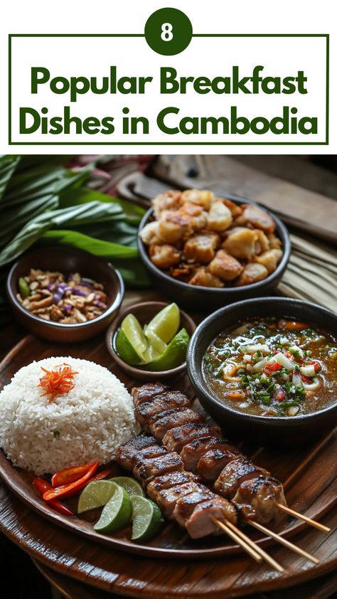 A traditional Cambodian breakfast spread featuring bai sach chrouk (grilled pork with rice) and kuy teav (noodle soup), showcasing the vibrant and flavorful dishes of Cambodian cuisine. Cambodian Food Traditional, Cambodian Breakfast, International Food Day, Vietnamese Breakfast, Cambodia Food, Pork And Rice, Breakfast Favorites, Cambodian Food, Breakfast Soup