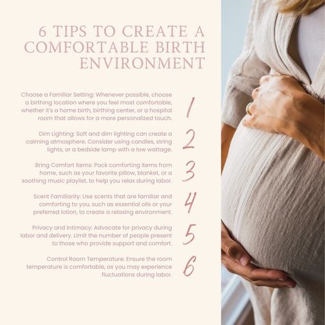 🌸 6 Tips to Create a Comfortable Birth Environment 🌸 Hey mommas, creating a comfortable birth environment can make a huge difference in your labor experience. Here are six tips to help you feel relaxed and at ease: Choose a Familiar Setting: Whenever possible, pick a birthing location where you feel most comfortable, whether it's a home birth, birthing center, or a personalized hospital room. Dim Lighting: Soft and dim lighting can create a calming atmosphere. Consider using candles, s... Calm Birth, Birthing Center, Comfort Items, Pillow Blanket, Soothing Music, Control Room, Hospital Room, Birth Center, Calming Atmosphere