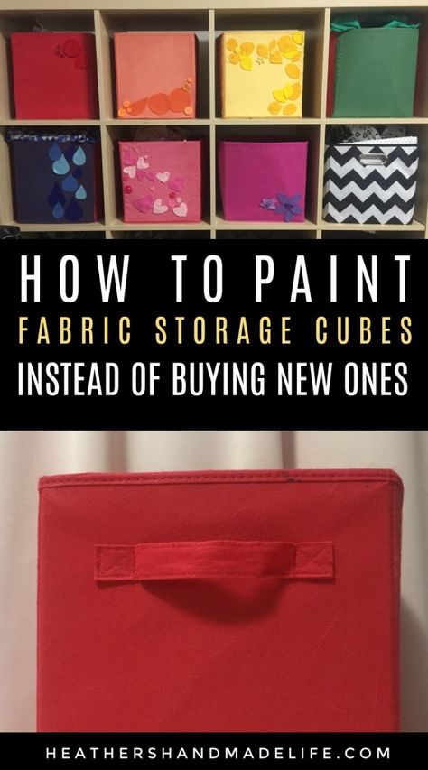 Can you paint fabric storage cubes? YES & NO Canvas Storage Cubes, Paint Cube Storage Bins, Baskets In Cube Storage, Painting Fabric Storage Bins, Painting Storage Cubes, Upcycle Storage Cubes, Fabric Cube Storage Bin Makeover, Paint Fabric Storage Cubes, Fabric Storage Bin Makeover