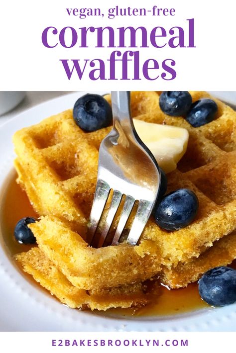 Cornmeal Waffles {Vegan & Gluten-Free} | e2 bakes brooklyn Corn Waffle Recipe, Corn Flour Recipes, Cornmeal Waffles, Cornmeal Recipes, Waffles Vegan, Cornbread Waffles, Cornmeal Pancakes, Waffle Maker Recipes, Waffles Easy