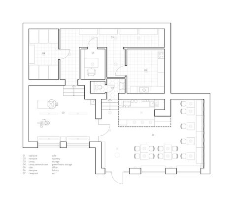 Fabryka Kavy coffee shop (2017) on Behance Cafe Plan Architecture, Coffee Roasting Room, Outdoor Pavement, Coffee Shop Work, Coffee Roasting Process, Cafe Floor, Cafe Floor Plan, Restaurant Cafe Design, Coffee Factory