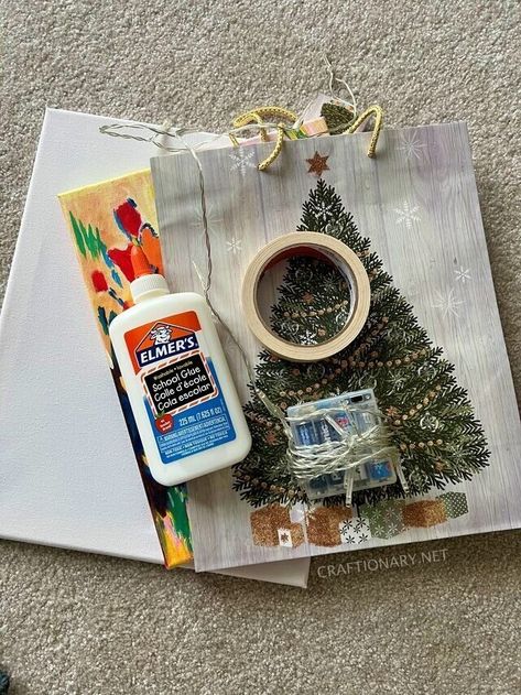 How to frame a canvas with gift bag to look festive? - Craftionary Christmas Gift Bag Picture Frame, Dollar Tree Gift Bags, Frame A Canvas, Diy Gift Bag, Christmas Tree Canvas Art, Light Up Pictures, Dollar Tree Gifts, Canvas Gift Bag, Gift Bags Diy