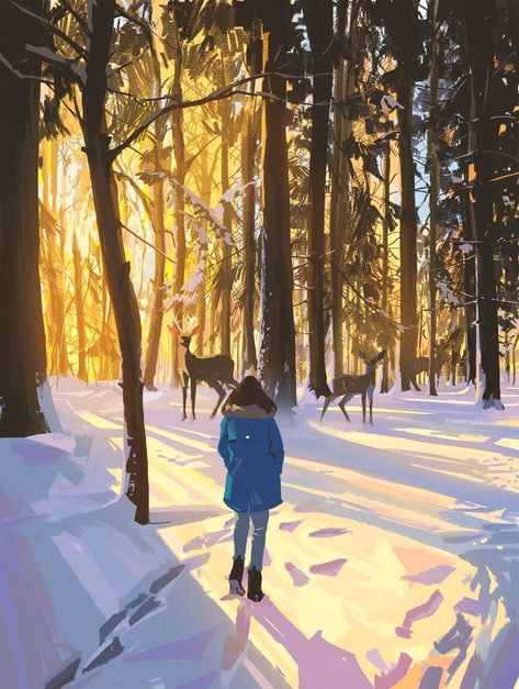 Atey Ghailan, Winter Drawings, Winter Illustration, Forest Illustration, Winter Magic, Story Telling, Book Illustrations, Winter Forest, Winter Art