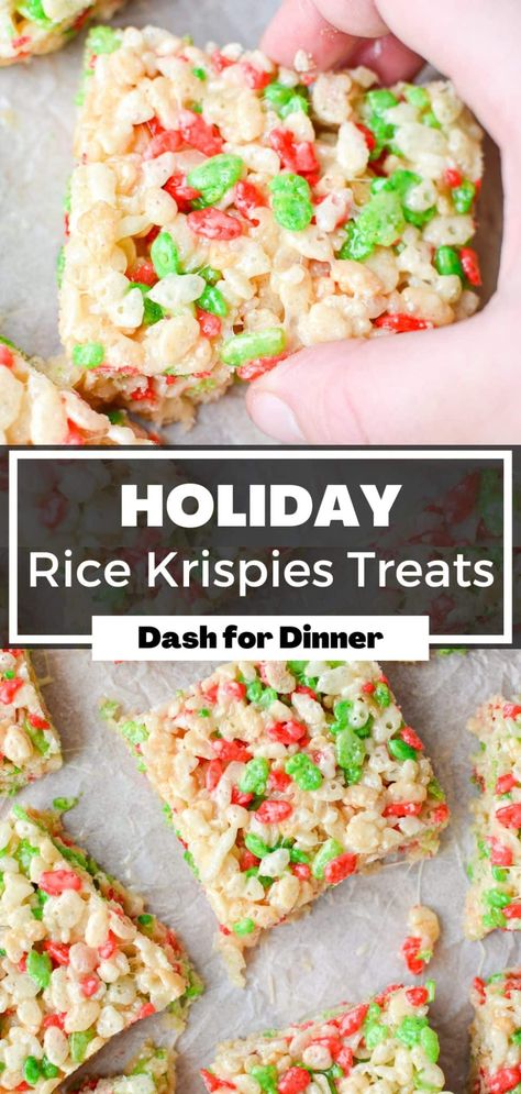 These holiday Rice Krispies treats are the perfect cookie swap recipe, OR no bake Christmas dessert. Whether you're looking for something to add to your Christmas traditions, or just an easy no bake Christmas recipe, these are sure to fit the bill! Perfect for bringing to parties, and uses just 4 simple ingredients. Holiday Rice, Christmas Rice Krispies, Krispie Treats Christmas, Rice Krispie Treats Christmas, No Bake Christmas, Christmas Rice, Homemade Rice Krispies Treats, Bake Christmas, Krispie Treats Recipe