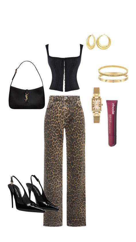 cheetah print jeans black top heels black purse Cheetah Print Jeans Outfit, Print Jeans Outfit, Cheater Print, Going Out Outfit, Print Jeans, Black Purse, Printed Jeans, Jeans Outfit, Going Out Outfits