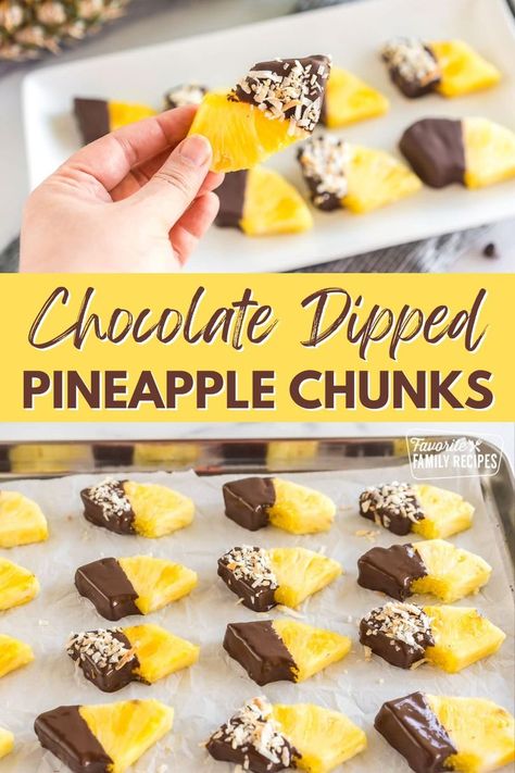 These Chocolate Dipped Pineapple Chunks make the best treat! Easy to make, and the best part is that you can customize your toppings and make it your own. I love to sprinkle toasted coconut onto my chocolate covered pineapple. You could also try flaky sea salt, crushed nuts, or drizzle white chocolate for a beautiful look and yummy taste! Chocolate Covered Pineapple Chunks, Candied Pineapple Recipes, Pool Party Desserts, Pineapple Snacks, Chocolate Dipped Pineapple, Pineapple Chocolate, Chocolate Covered Pineapple, Chocolate Pineapple, Pineapple Candy