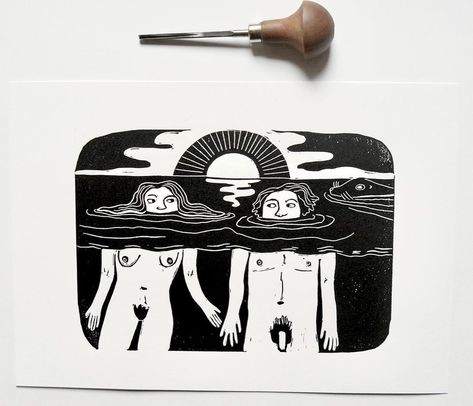 🌚 Phillippa ♾ Printmaker on Instagram: “The seal at Mutton Cove A4 linocut print ❤️ . . . . . . . . . . . #linocut #linocutprint #outdoorswimming #wildswimming #linoprint…” Nude Couple, Wild Swimming, Diy Bed Frame, Scratch Art, Diy Bed, Lino Print, Couple Art, Linocut Prints, May 13