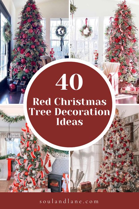 Christmas Red Tree Ideas, Non Traditional Christmas Tree Decor, Christmas Trees With Red Lights, Red Christmas Balls Decorating Ideas, Christmas Tree Red And White Decorations, Red Garland Christmas Tree, Christmas Trees With Red Decorations, Christmas Tree Red Theme, Red And Silver Christmas Decorations