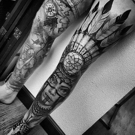 70 Native American Tattoo Designs | Cuded Tato 3d, Tattoo Special, Herren Hand Tattoos, Native American Tattoo Designs, Indian Feather Tattoos, Native American Tattoo, Full Leg Tattoos, Native American Tattoos, Native Tattoos