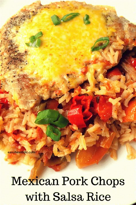 A tasty Mexican rice with pork chops recipe the whole family will love.  Uses your favorite salsa for a burst of flavor- perfect for a quick week night meal. Rice With Pork Chops, Pork Chop And Rice, Mexican Pork Chops, Salsa Rice, Rice With Pork, Easy Mexican Rice, Skillet Pork Chops, Pork Chops And Rice, Mexican Rice Easy