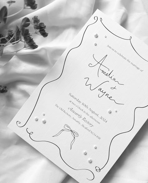 Hand drawn illustrated black and white wedding invite. Printed on linen card stock and embellished with pearls. Designed by @notesstudiouk Wedding Cards Drawing, Pearl Invitations Wedding, Wedding Invitation Pearls, Wedding Invitations Pearl, Pearl Invitations, Pearl Wedding Invitations, Elmore Court, Illustrated Wedding Invitations, Bow Wedding