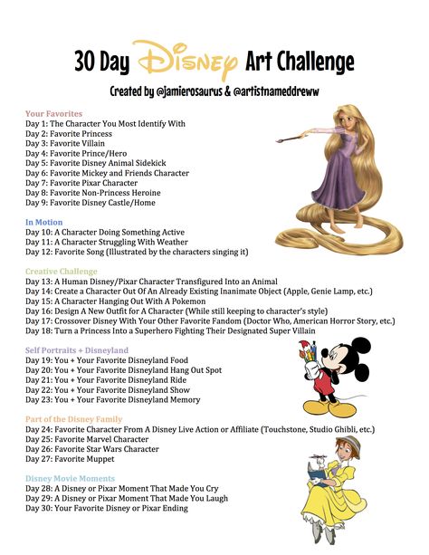 30 Day Disney Drawing Challenge, Disney Drawing Prompts, Disney Art Challenge, 30 Day Sketchbook Challenge, 30 Day Challenge Art, Drawing Challenge Character, 30 Days Art Challenge, Disney Drawing Challenge, 30 Days Drawing