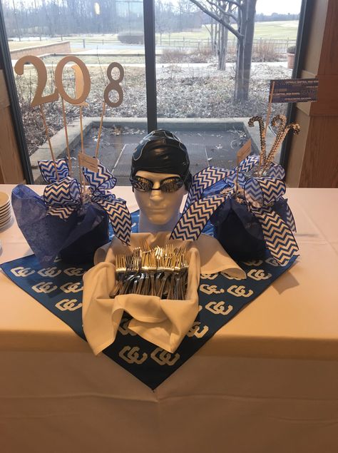 Centerpiece Swim Team Table Decorations, Swimming Table Decorations, Swim Team Centerpieces Banquet, Swim Centerpieces Banquet, Swim Centerpieces, Swim Team Banquet Ideas, Swim Banquet Ideas, Swim Banquet Centerpieces, Senior Tables