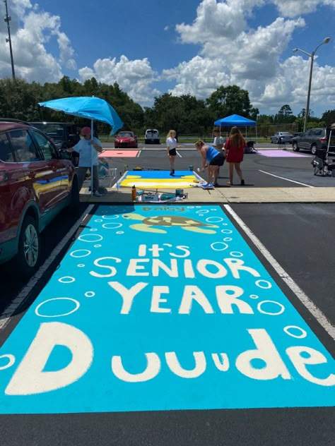 Painting Your Parking Spot, Finding Nemo Parking Spot, Finding Nemo Senior Parking Spot, Senior Wall Painting Ideas, Graduation Parking Space, Cute Parking Spot Paintings Senior, Senior Parking Spaces Beach Theme, Senior Parking Space Ideas Bible Verse, Grad Parking Spot Ideas