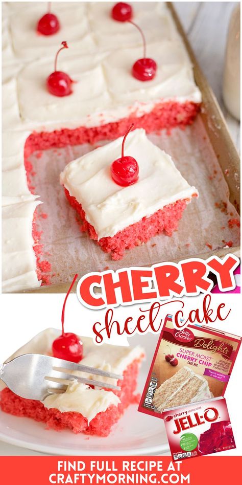 Cherry Sheet Cake Recipe- so yummy and easy to make! Summer dessert treat idea to make for the kids or family. Potlucks, bbqs, birthday parties this is great. Crowd pleaser for sure. Cherry chip box cake mix and jello! Cherry Sheet Cake, Cherry Chip Cake Mix, Jello Cake Recipes, Cherry Chip Cake, Cherry Cake Recipe, Box Cake Recipes, Sheet Cake Recipe, Boxed Cake Mixes Recipes, Cake At Home