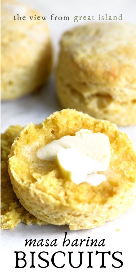 These tender fluffy masa harina biscuits are everything! They’re kind of a cross between a classic biscuit and a corn muffin, and the perfect accompaniment to chilis, soups, and stews of all sorts. #buscuits #masa #masaharina #cornmeal Biscuits Without Milk, Cornmeal Biscuits Recipe, Corn Flour Recipes, Masa Recipes, Flour Biscuits, Corn Muffin, The View From Great Island, Flour Recipes, Latin Food