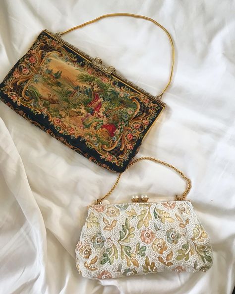 Vintage purses, beaded purse, needlepoint, French needlepoint, 1950s purse, vintage bag, vintage clutch, 1960s purse, handbag, vintage embroidery, vintage fashion, vintage aesthetic, aesthetic purse Vintage Purses 1950s, Vintage Beaded Bag, Needlepoint Purse, Purse Aesthetic, Embroidery Purse, Prom Bag, French Tapestry, Embroidered Purse, My Style Bags