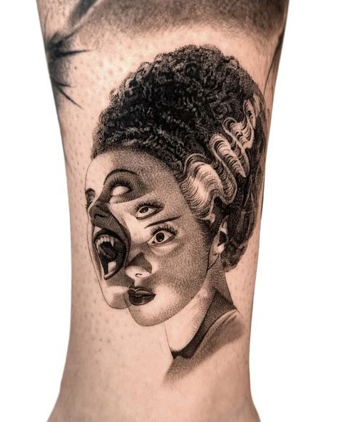 Universal Monsters Tattoo, Bride Of Frankenstein Tattoo, Frankenstein Tattoo, Voodoo Doll Tattoo, 13 Tattoos, Brides With Tattoos, Spooky Tattoos, Horror Tattoo, Bride Of Frankenstein