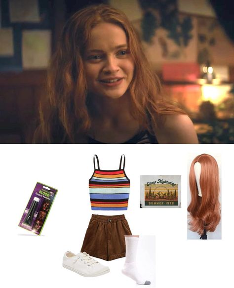 Ziggy Berman (played by Sadie Sink) just wanted to get through summer at camp. Being from Shadyside and targeted by the kids from Sunnyvale, that's a tall order all on its own. Then someone starts killing campers. Shadyside campers. He goes after Ziggy's sister, dragging Ziggy right into the line of fire. And the danger doesn't end when she ends up as the camp's final girl. A Ziggy cosplay is a great closet cosplay option. Brown corduroy shorts pair up with a striped tank top or a Camp Nightwing Ziggy Berman Halloween Costume, Ziggy Berman Outfit, Final Girl Costume, Final Girl Outfit, Camp Nightwing, Brown Corduroy Shorts, Ziggy Berman, Slasher Summer, Final Girl