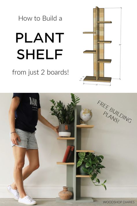 Easy DIY Plant Shelf | Made with Just 2 Boards! Wooden Plant Stand Diy How To Build, Woodworking Projects Shelves, Plant Stands Diy Indoor How To Build, Creative Plant Stands, Diy Wood Plant Stand, Diy Plant Shelf, Cardboard Table, Free Building Plans, Homemade Bird Houses