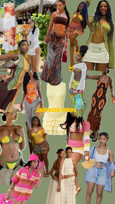 Jamaica Outfits Black Women Beach, Philippine Vacation Outfits, Country Vacation Outfits, Caribian Party Outfits, Jamaican Aesthetic Outfit, Jamaica Culture Clothes, Jamaica Birthday Outfits, 90s Caribbean Fashion, Urban Jungle Outfit