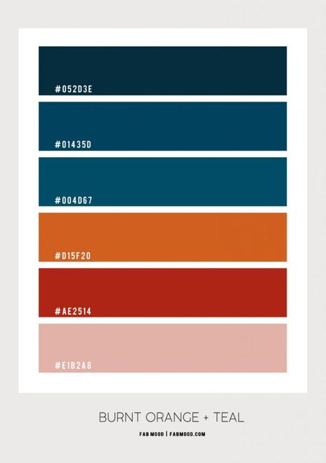 Burnt Orange + Dark Coral + Teal Bedroom For Modern Chic Looks Burnt Orange Blue Bedroom, Dark Blue Orange Color Palette, Orange Bedroom Color Schemes, Burnt Orange Blue Color Palette, Blue And Burnt Orange, Burnt Orange And Blue Living Room, Orange And Blue Bedroom Ideas, Blue And Burnt Orange Bedroom, Teal Blue Palette