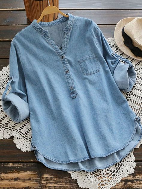 Shein Rolled Sleeve Dip Hem Denim Blouse Denim Blouse Women, Indian Kurtis, Casual Denim Shirt, Denim Fashion Women, Fall Blouse, Popsugar Fashion, Shirt Blouses Tops, Denim Blouse, Casual Denim